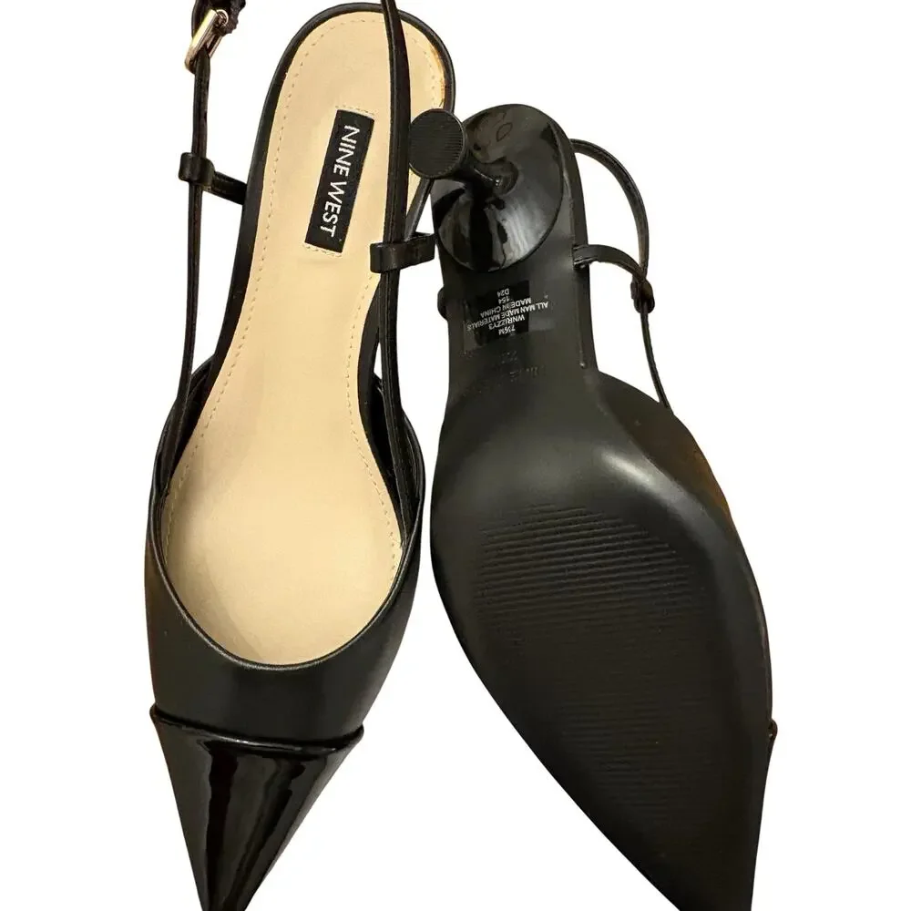 Nine West Women's Black Rizzy Slingback Kitten Faux Leather Heels 7.5 NEW - Picture 8 of 8